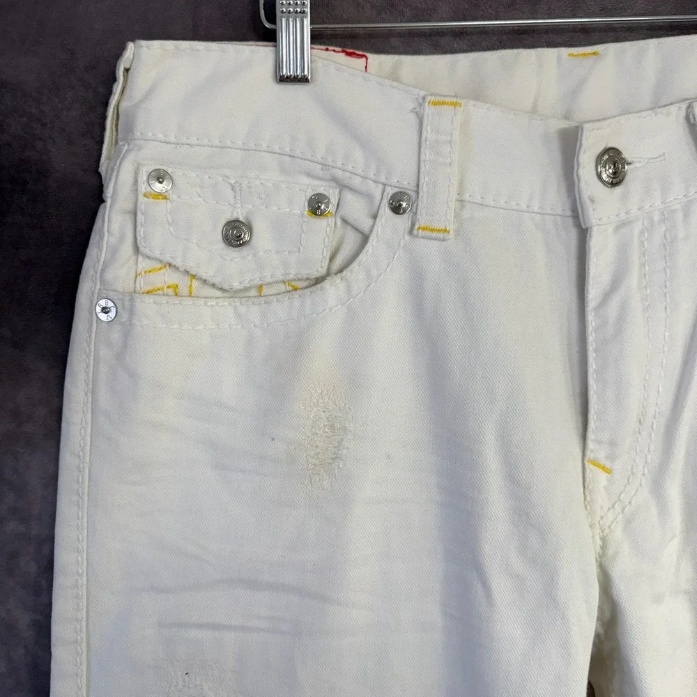 True Religion Section Slim Jeans Mens 36x32 White Denim Straight Distressed